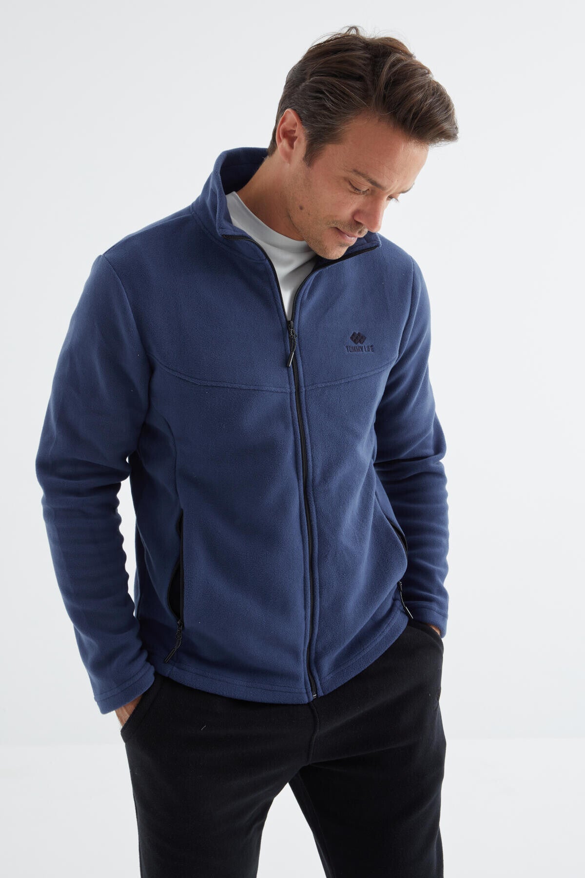 İndigo Fermuarlı Dik Yaka Standart Kalıp Erkek Polar Sweatshirt - 88134