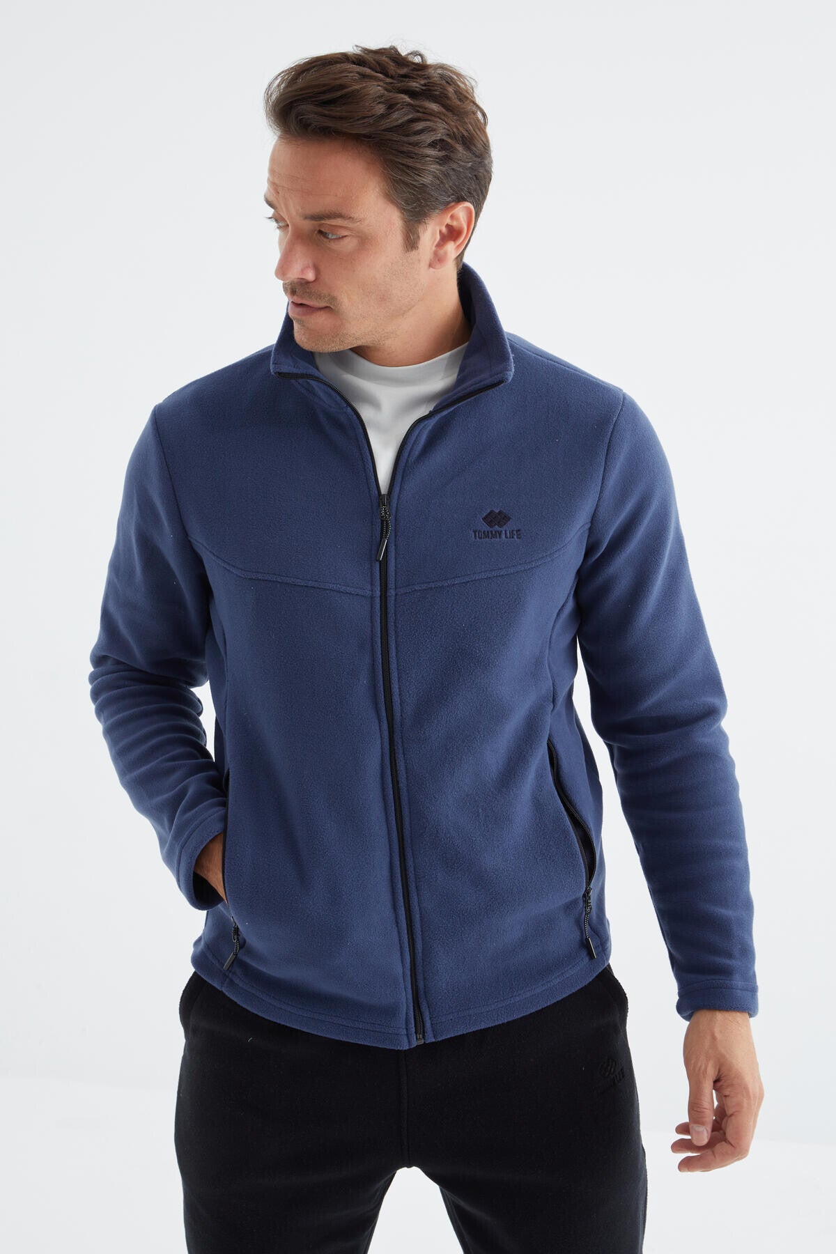 İndigo Fermuarlı Dik Yaka Standart Kalıp Erkek Polar Sweatshirt - 88134