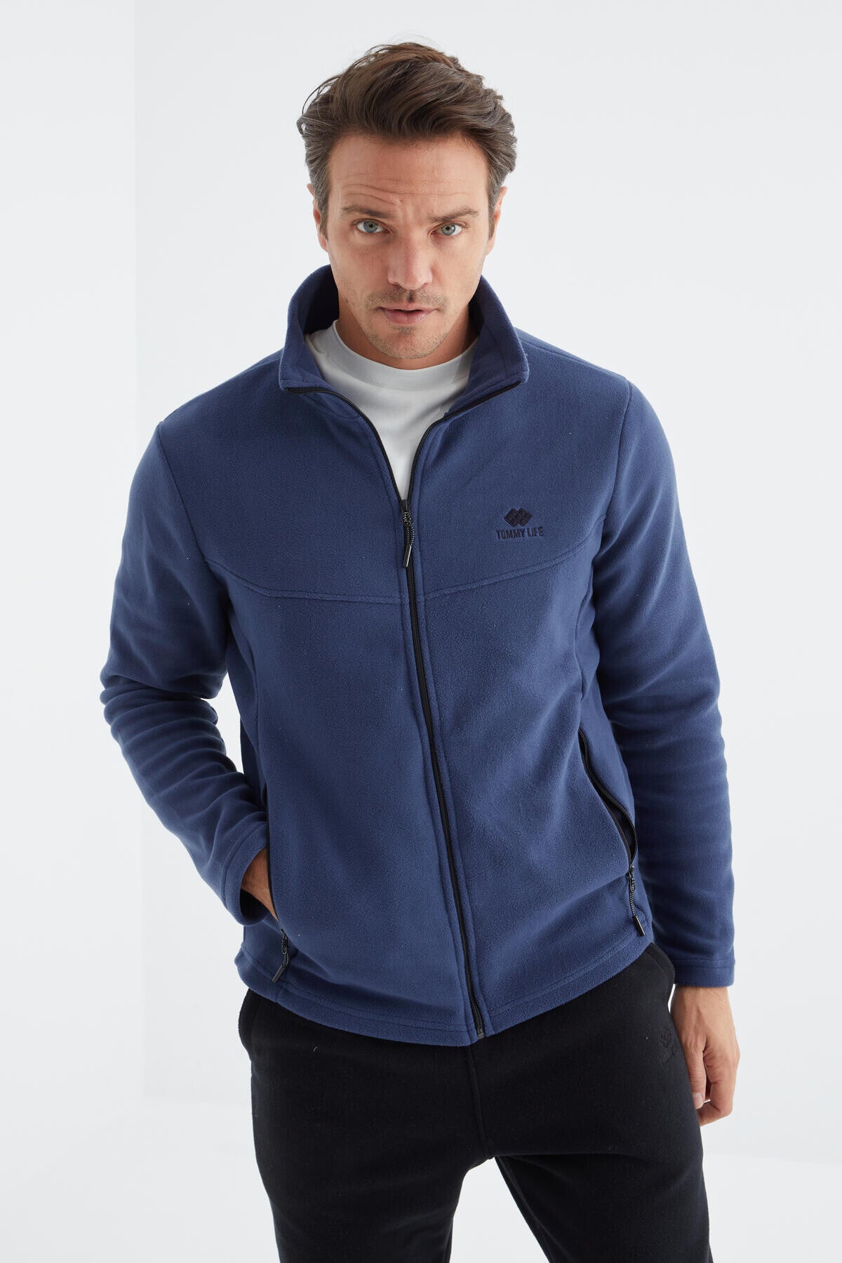 İndigo Fermuarlı Dik Yaka Standart Kalıp Erkek Polar Sweatshirt - 88134
