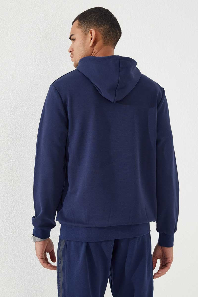 İndigo Kamuflaj Desen Baskılı Standart Kalıp Kapüşonlu Erkek Sweatshirt - 87884
