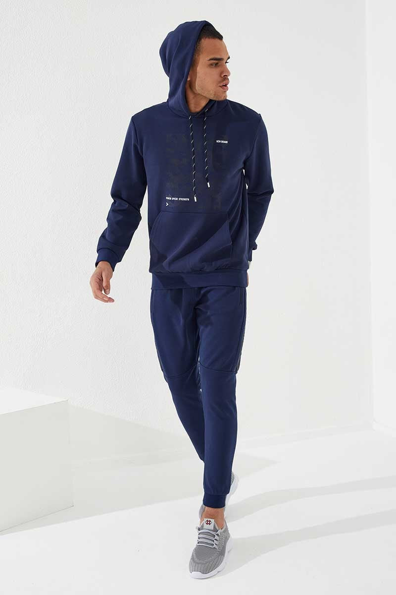 İndigo Kamuflaj Desen Baskılı Standart Kalıp Kapüşonlu Erkek Sweatshirt - 87884