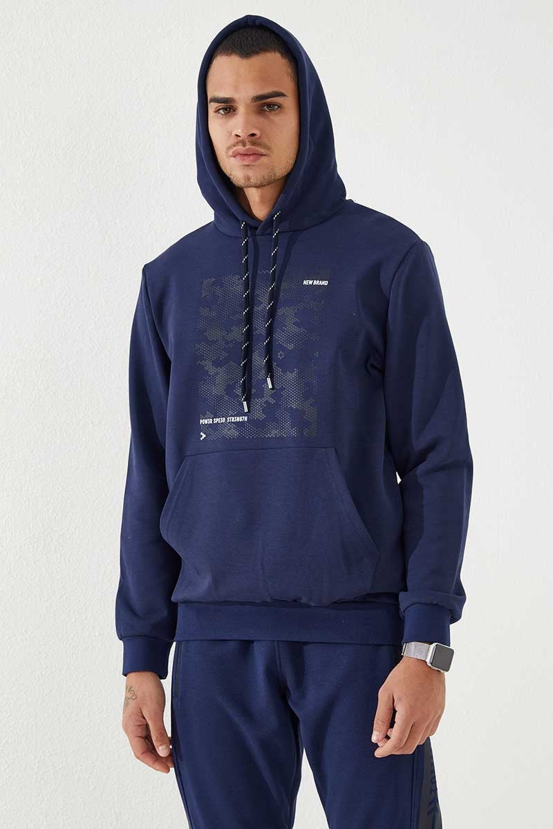İndigo Kamuflaj Desen Baskılı Standart Kalıp Kapüşonlu Erkek Sweatshirt - 87884
