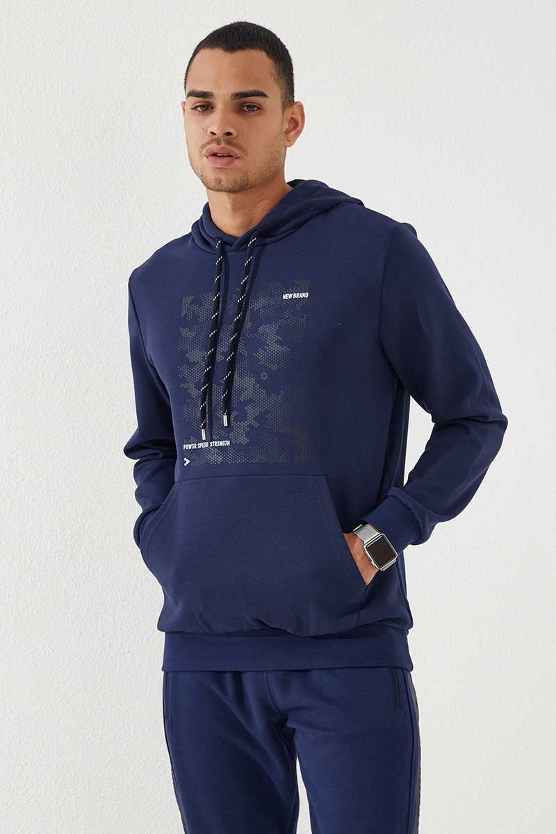 İndigo Kamuflaj Desen Baskılı Standart Kalıp Kapüşonlu Erkek Sweatshirt - 87884