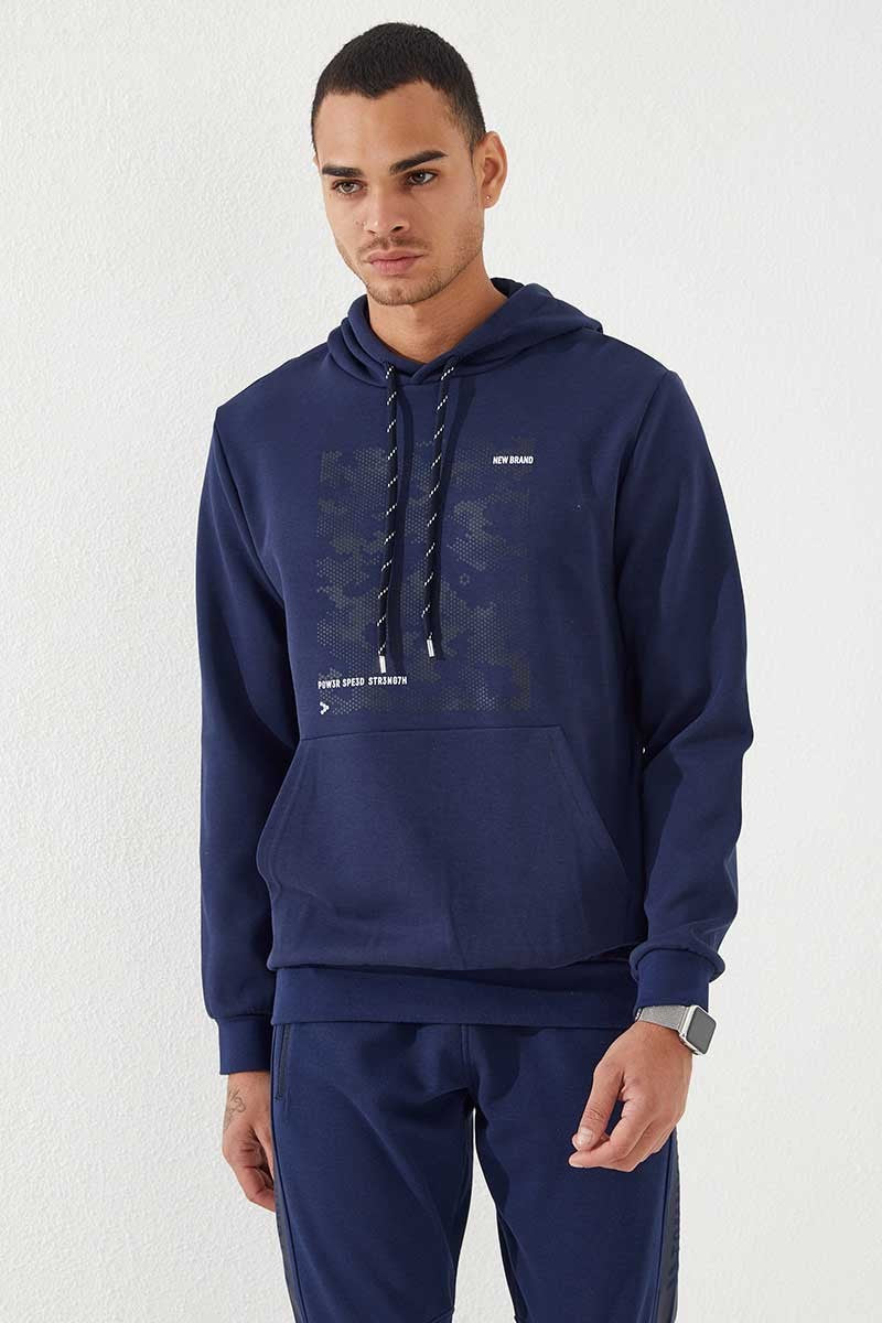 İndigo Kamuflaj Desen Baskılı Standart Kalıp Kapüşonlu Erkek Sweatshirt - 87884