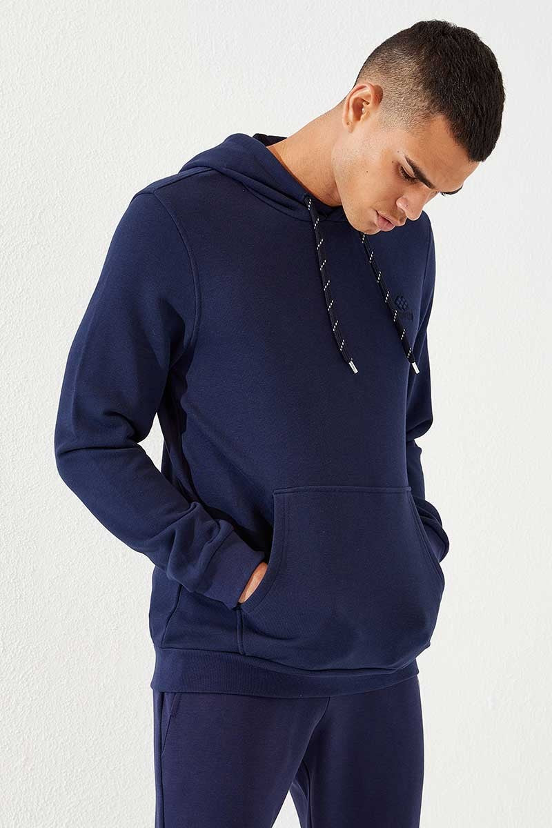 İndigo Kanguru Cep Standart Kalıp Kapüşonlu Erkek Sweatshirt - 87872