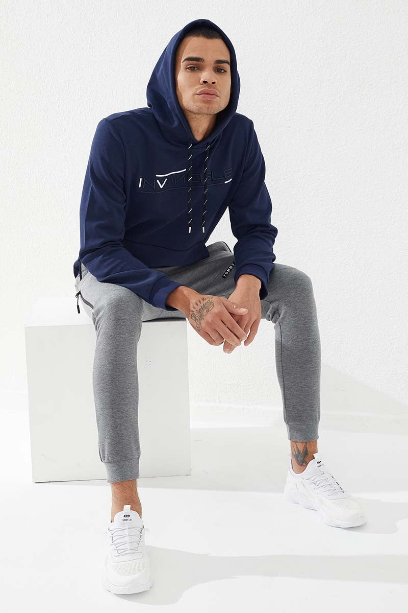 İndigo Kanguru Cep Standart Kalıp Kapüşonlu Erkek Sweatshirt - 87883