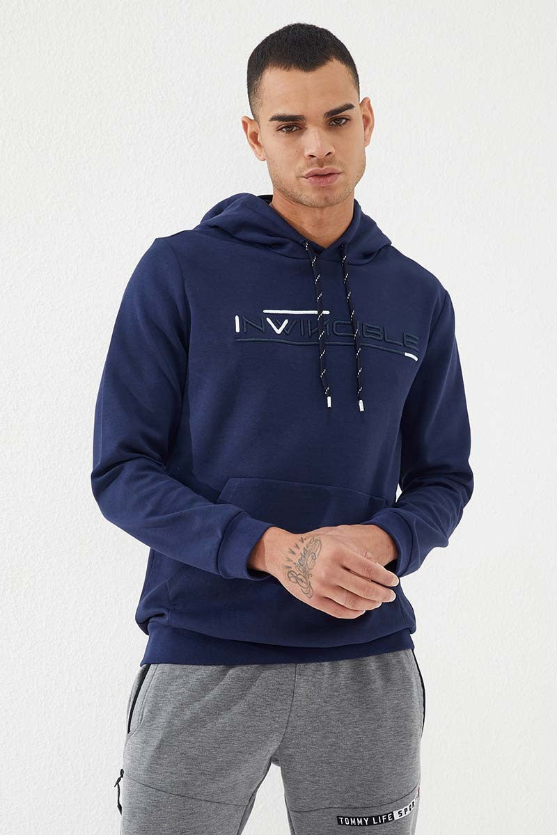 İndigo Kanguru Cep Standart Kalıp Kapüşonlu Erkek Sweatshirt - 87883