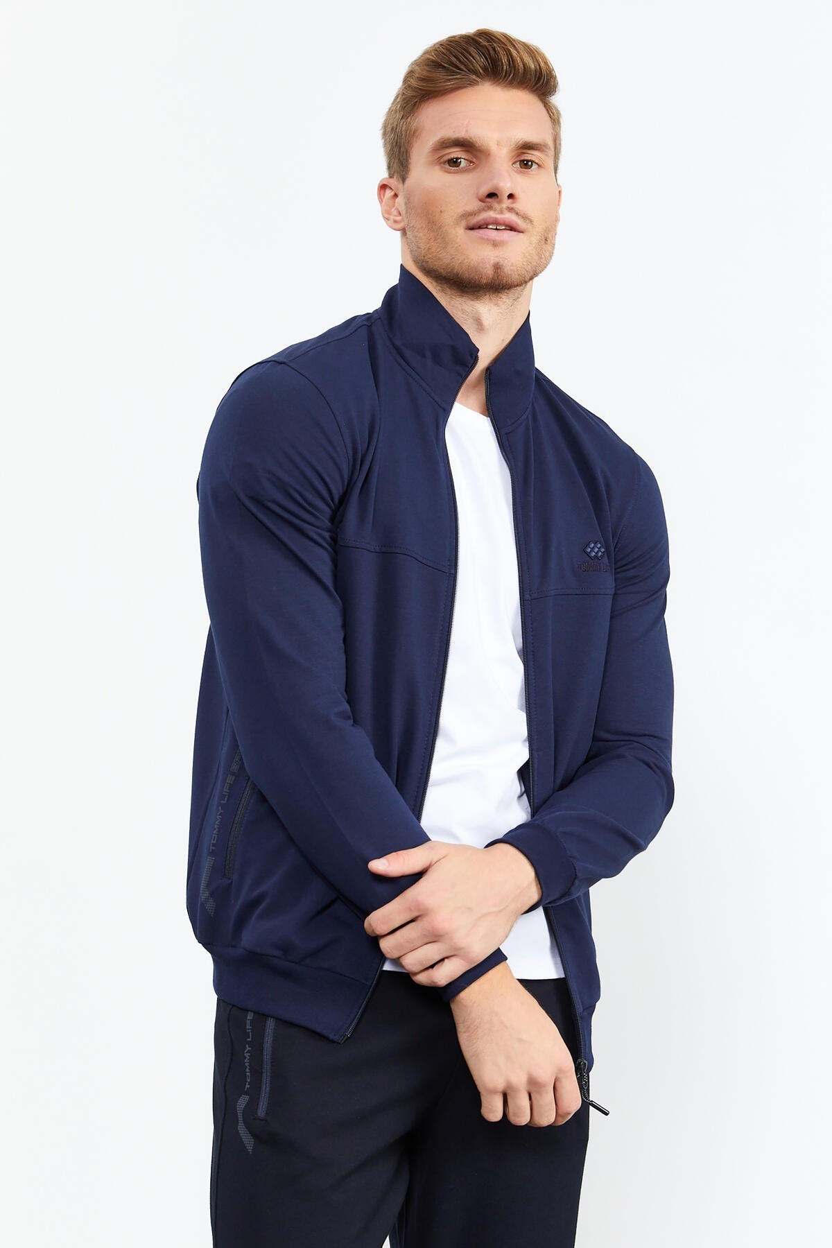 İndigo - Lacivert Dik Yaka Fermuarlı Standart Kalıp Klasik Paça Erkek Eşofman Takımı - 85152