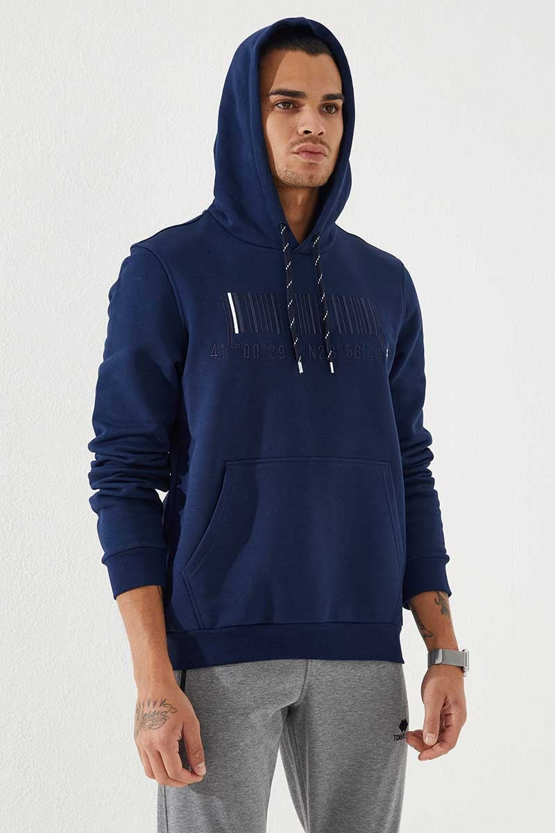 İndigo Nakışlı Kanguru Cep Standart Kalıp Kapüşonlu Erkek Sweatshirt - 87839