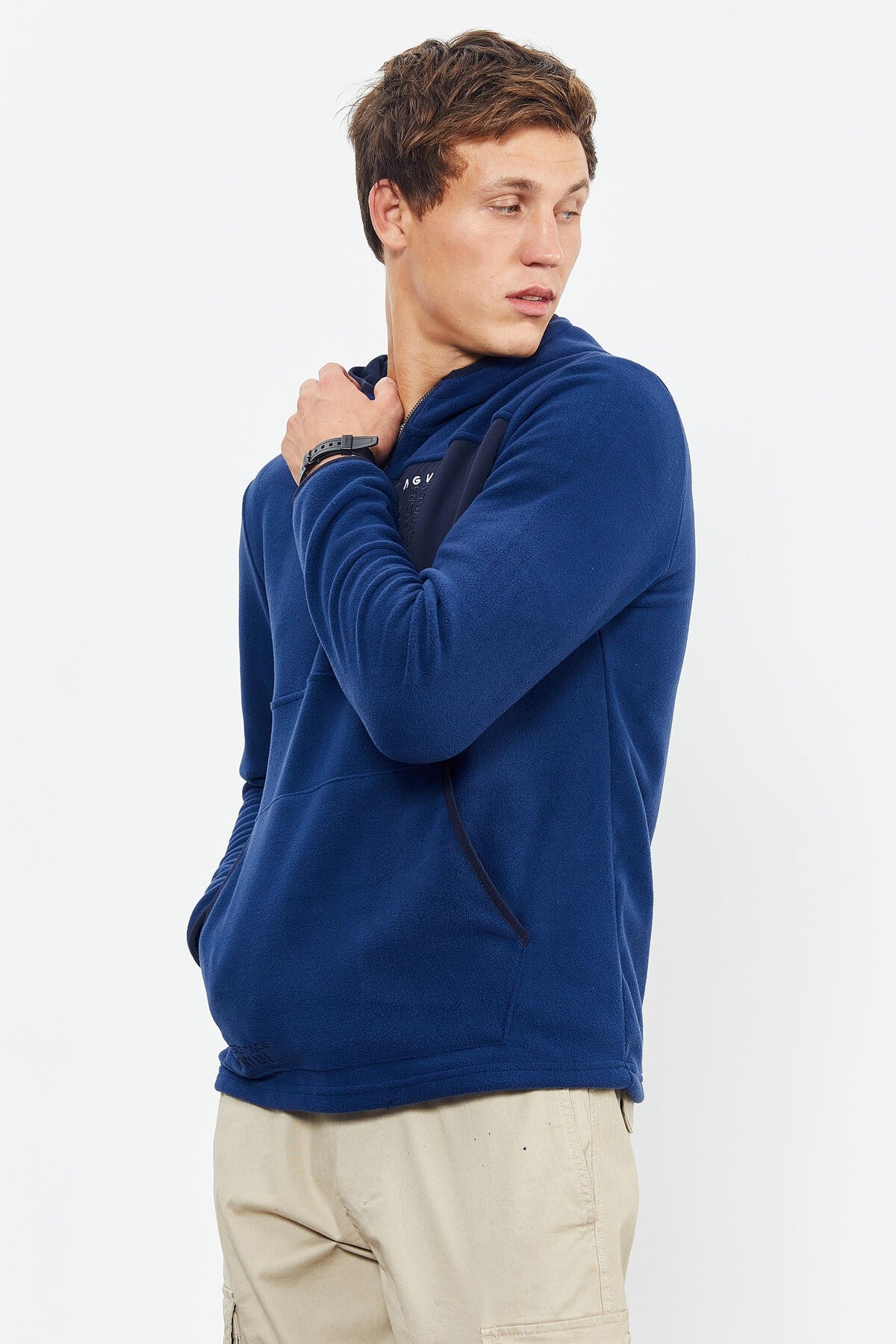İndigo Nakışlı Yarım Fermuar Kapüşonlu Standart Kalıp Erkek Polar Sweatshirt - 87996