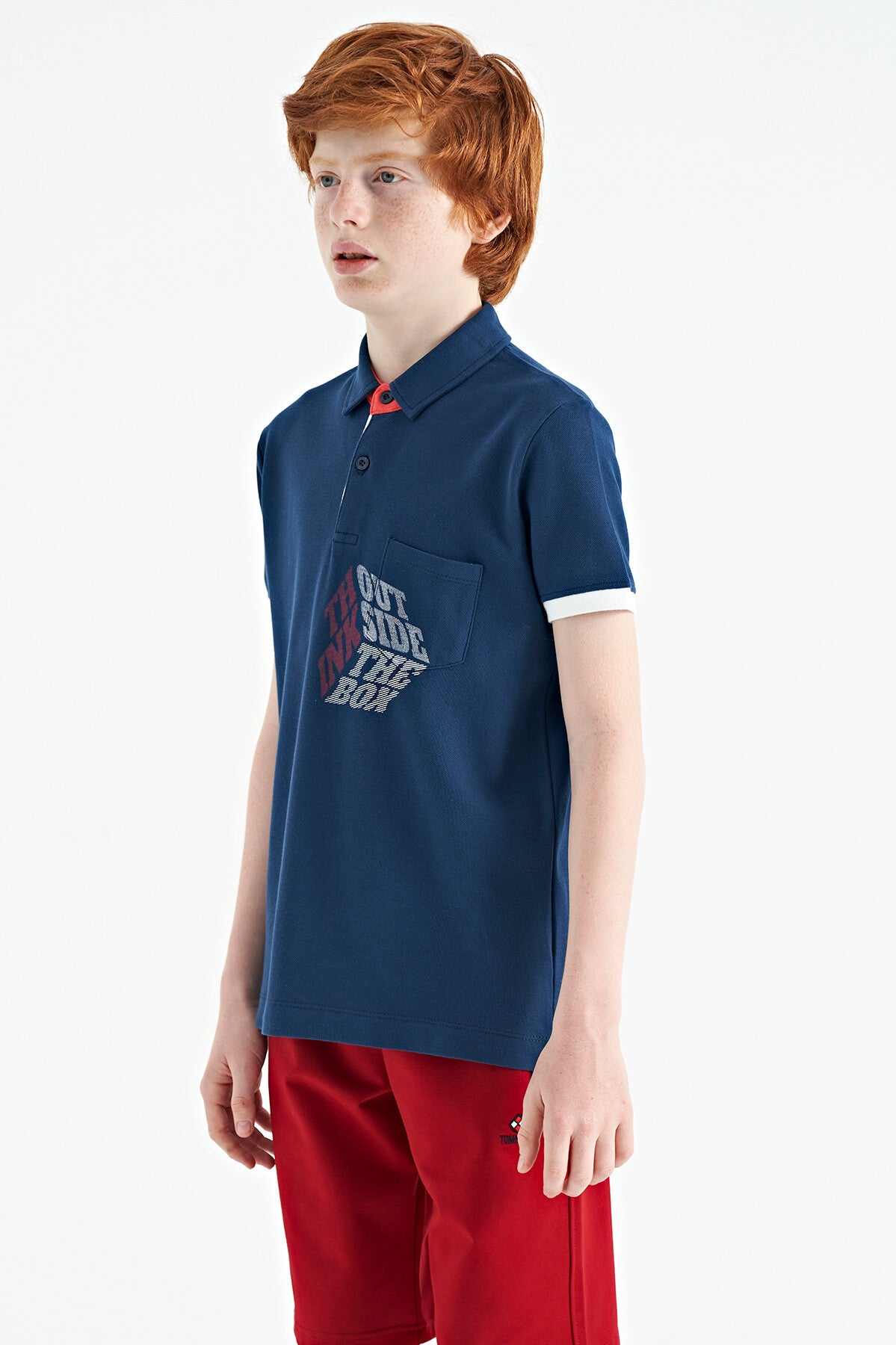 İndigo Ön Cep Detaylı Baskılı Standart Kalıp Polo Yaka Erkek Çocuk T-Shirt - 11102