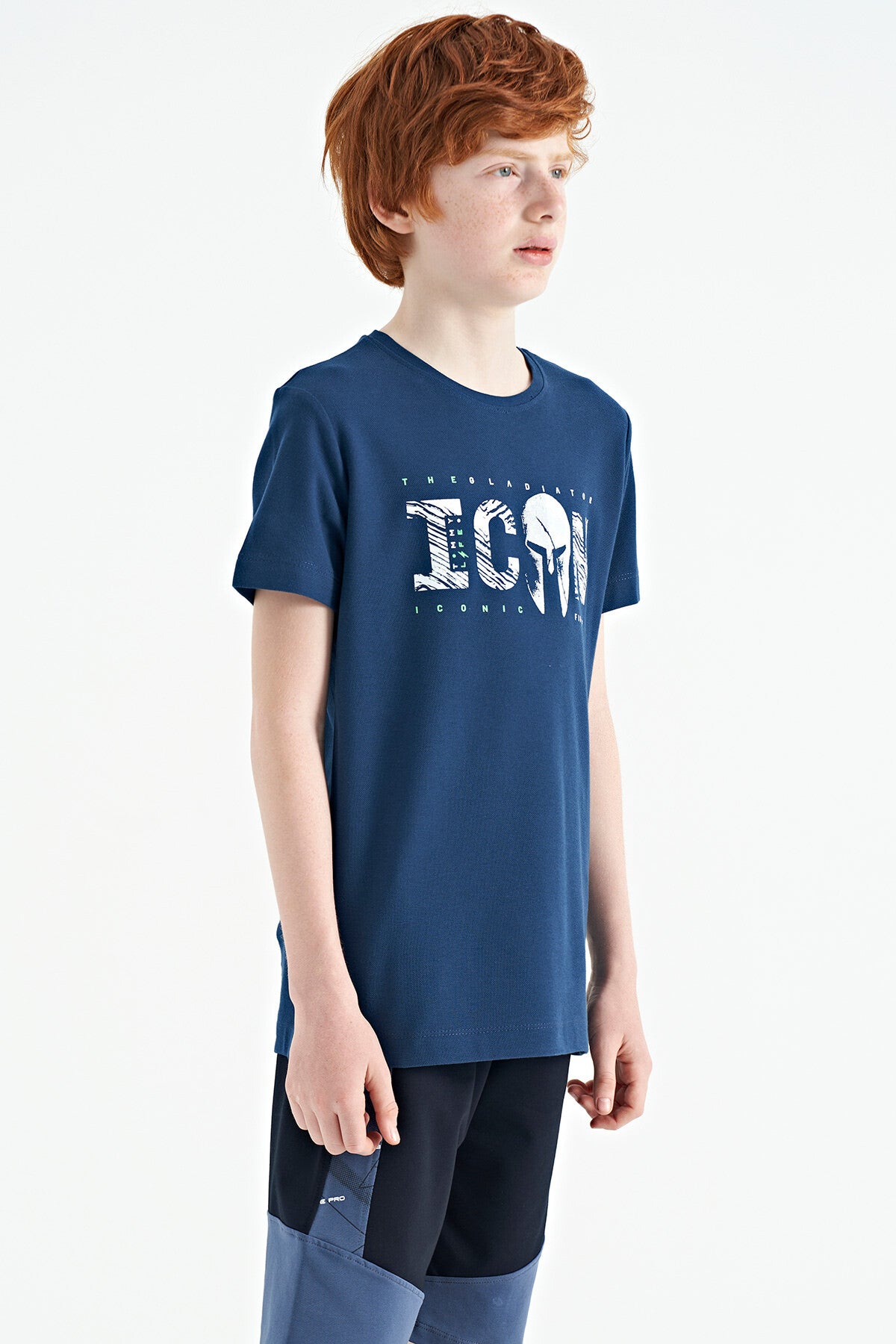 İndigo Ön Yazı Nakışlı O Yaka Standart Kalıp Erkek  Çocuk T-Shirt - 11118