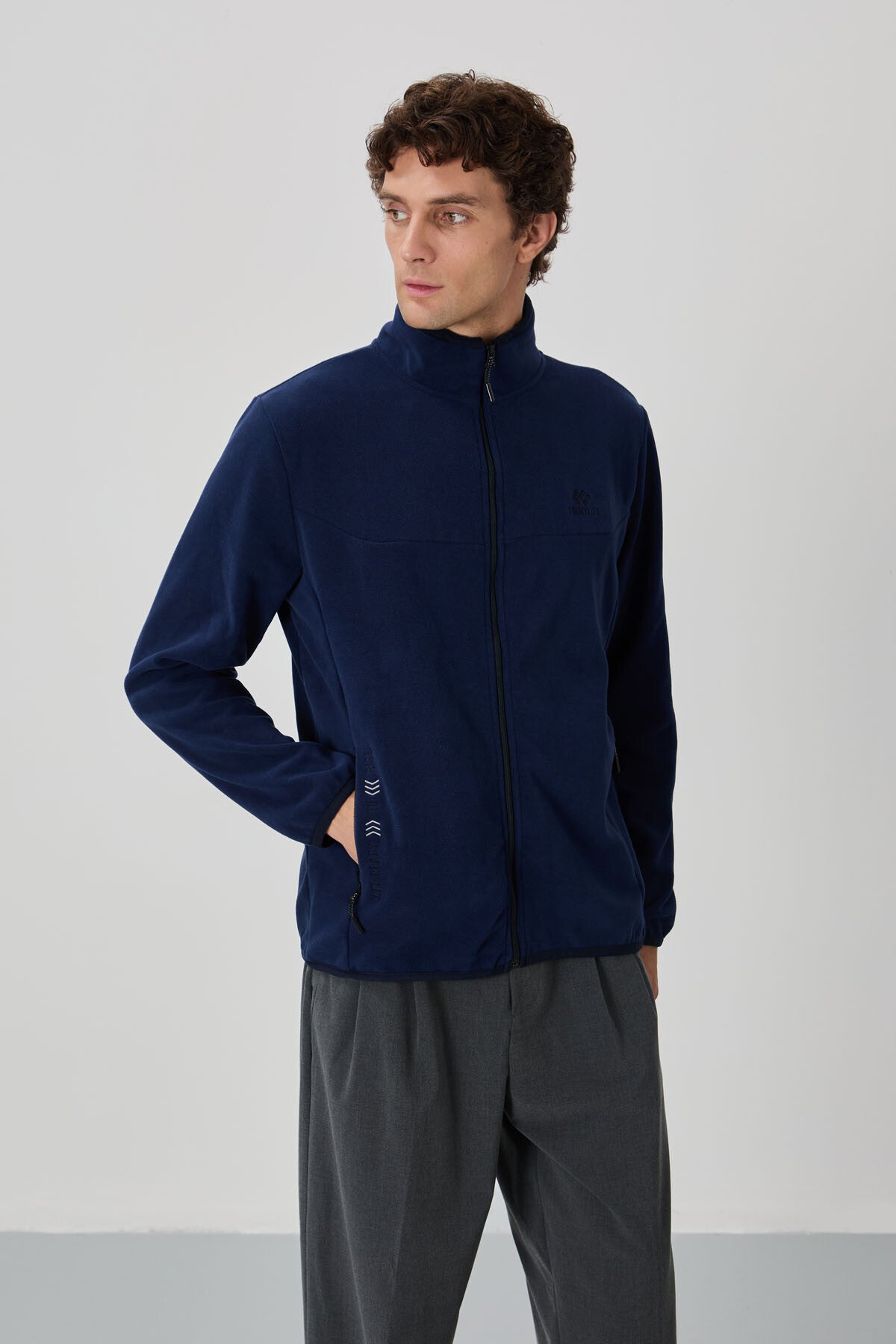 İndigo Yazı Nakışlı Dik Yaka Fermuarlı Standart Kalıp Erkek Sweatshirt Polar - 87992