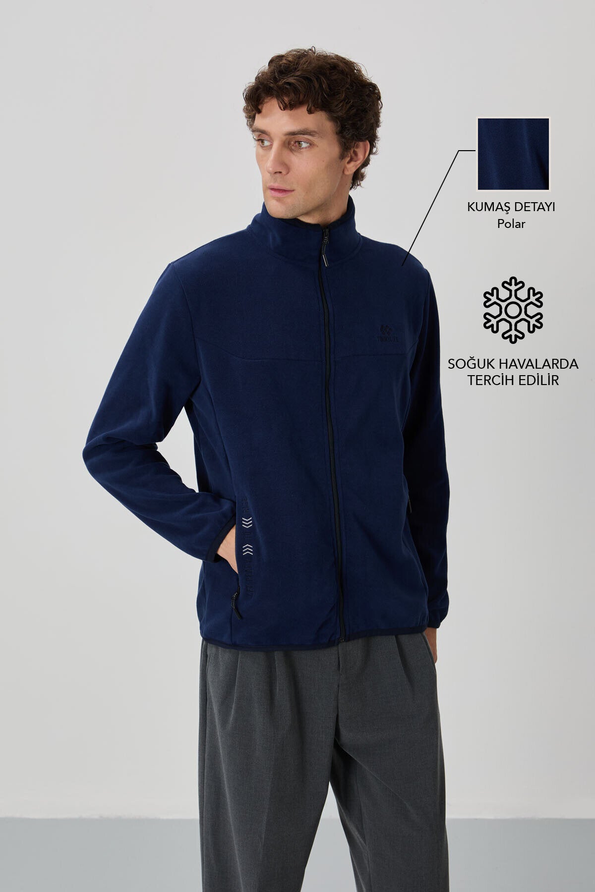 İndigo Yazı Nakışlı Dik Yaka Fermuarlı Standart Kalıp Erkek Sweatshirt Polar - 87992