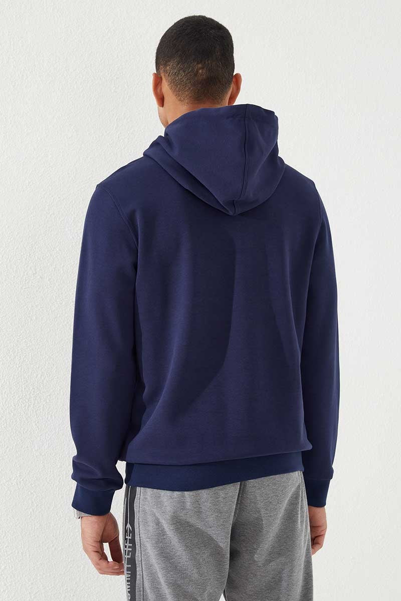 İndigo Yazı Nakışlı Standart Kalıp Kapüşonlu Erkek Sweatshirt - 87887