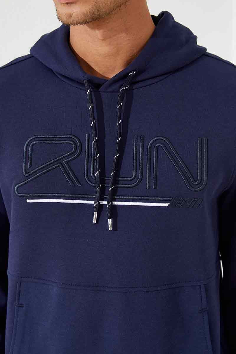 İndigo Yazı Nakışlı Standart Kalıp Kapüşonlu Erkek Sweatshirt - 87887