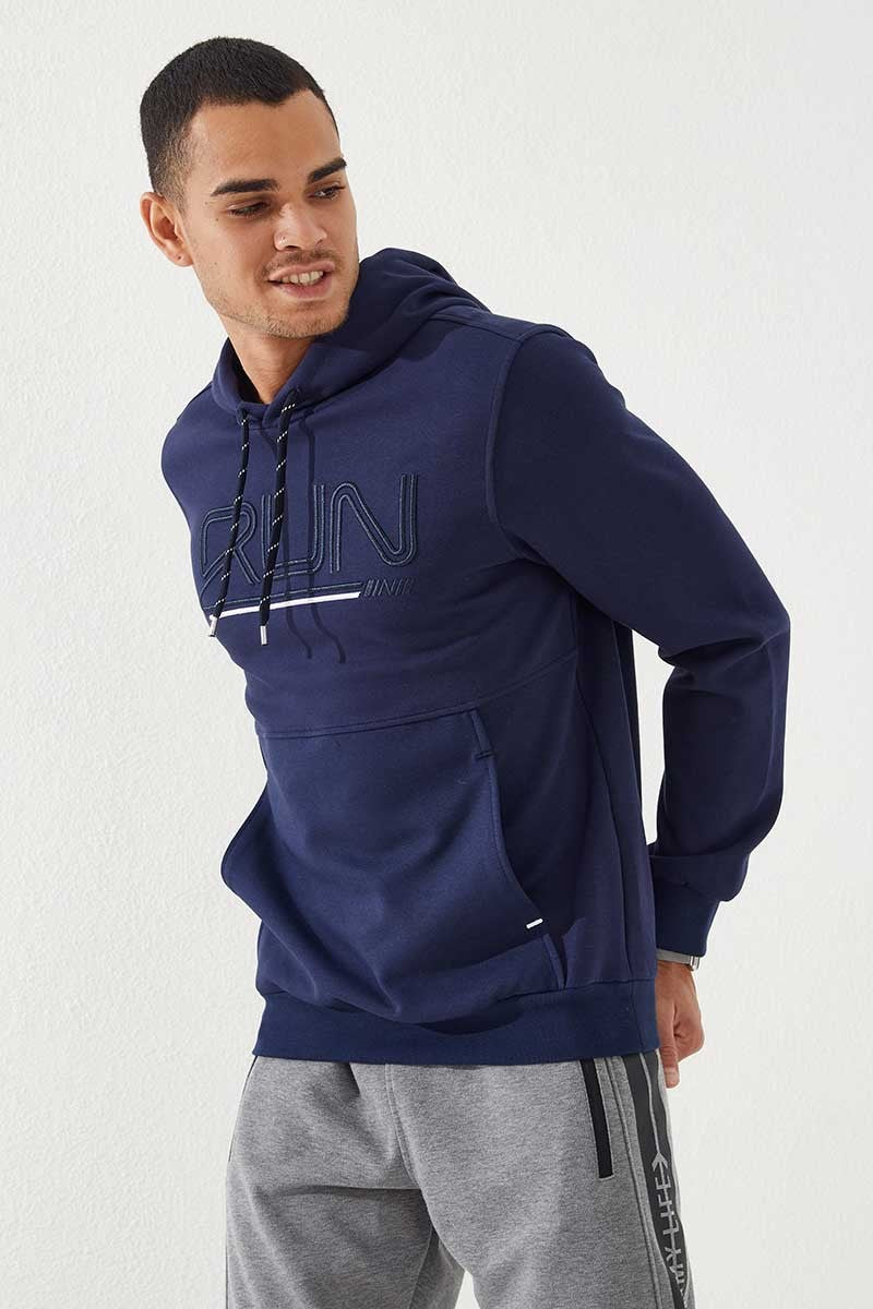İndigo Yazı Nakışlı Standart Kalıp Kapüşonlu Erkek Sweatshirt - 87887