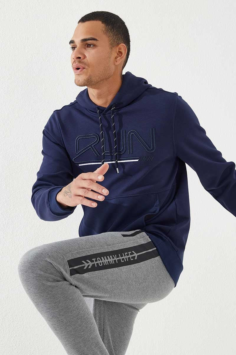 İndigo Yazı Nakışlı Standart Kalıp Kapüşonlu Erkek Sweatshirt - 87887