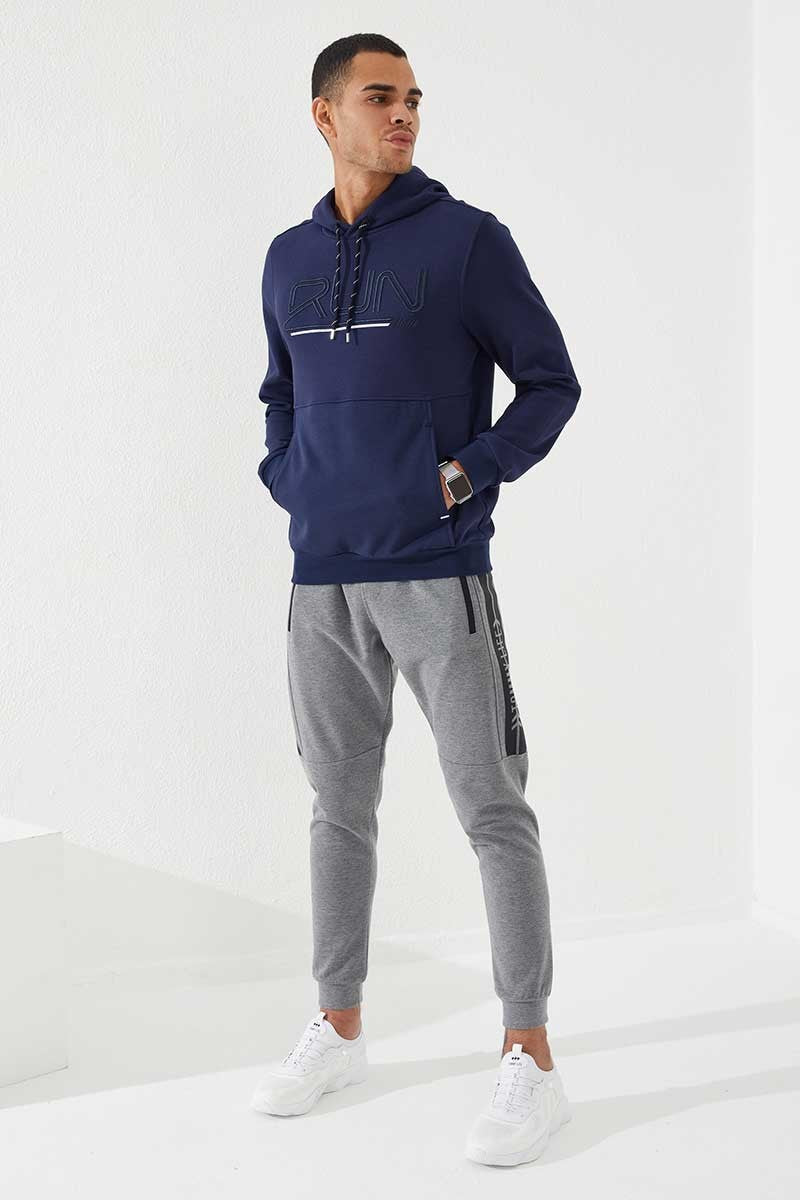 İndigo Yazı Nakışlı Standart Kalıp Kapüşonlu Erkek Sweatshirt - 87887