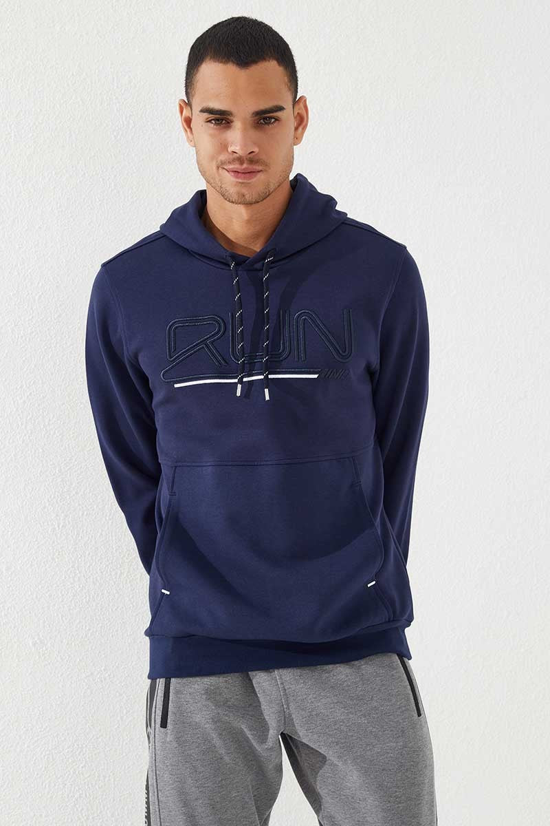 İndigo Yazı Nakışlı Standart Kalıp Kapüşonlu Erkek Sweatshirt - 87887