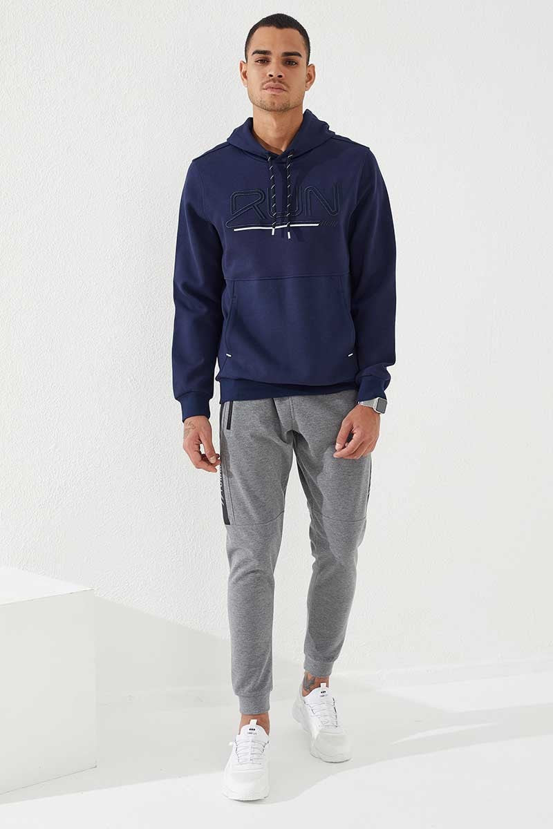 İndigo Yazı Nakışlı Standart Kalıp Kapüşonlu Erkek Sweatshirt - 87887
