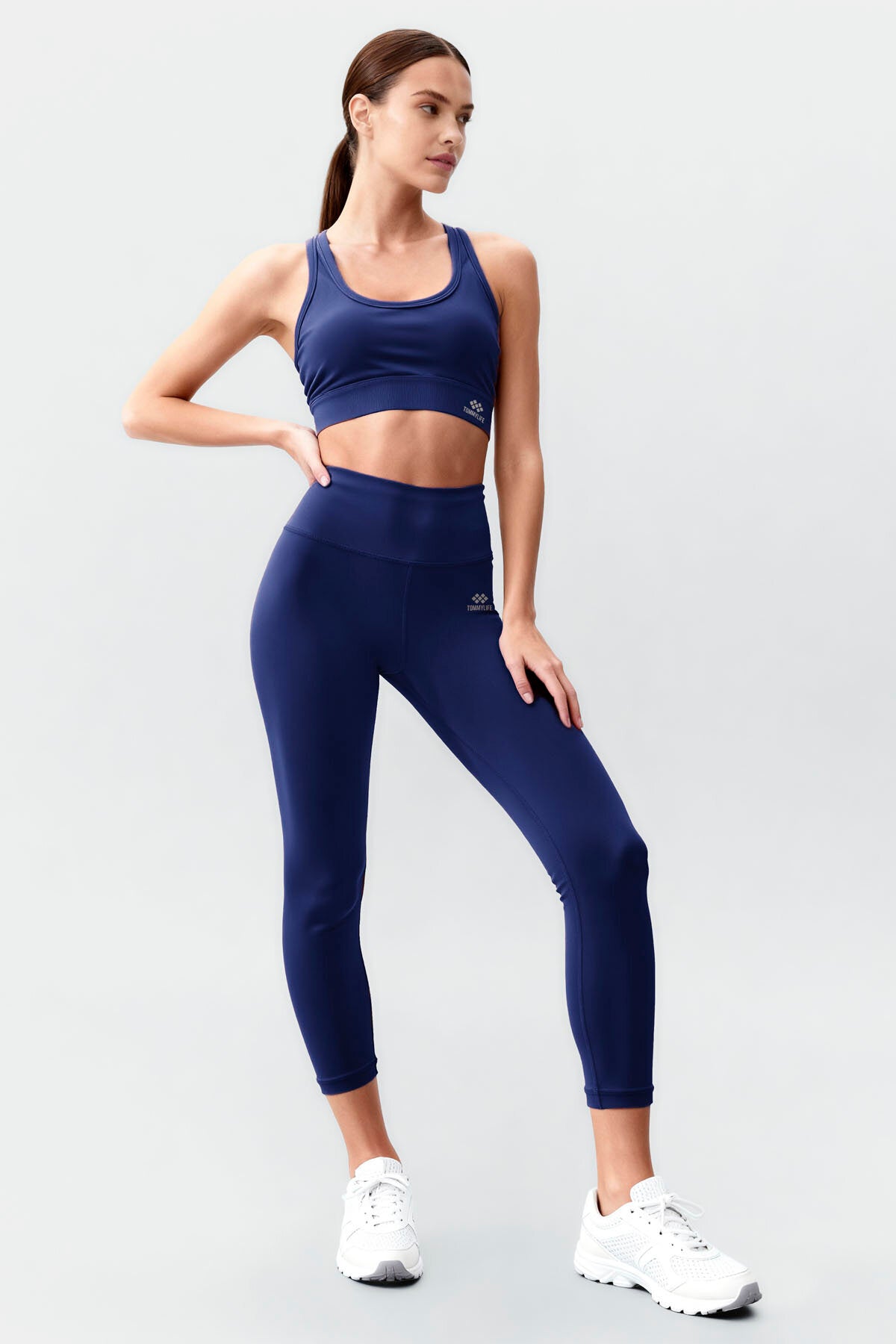 İndigo Yüksek Bel Toparlayıcı Çapraz Sırt Detaylı Slim Fit Kadın Tayt Takım - 95283