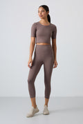 Brown High Waist Capri-Crop T-Shirt Slim Fit Women's Leggings Set - 95285