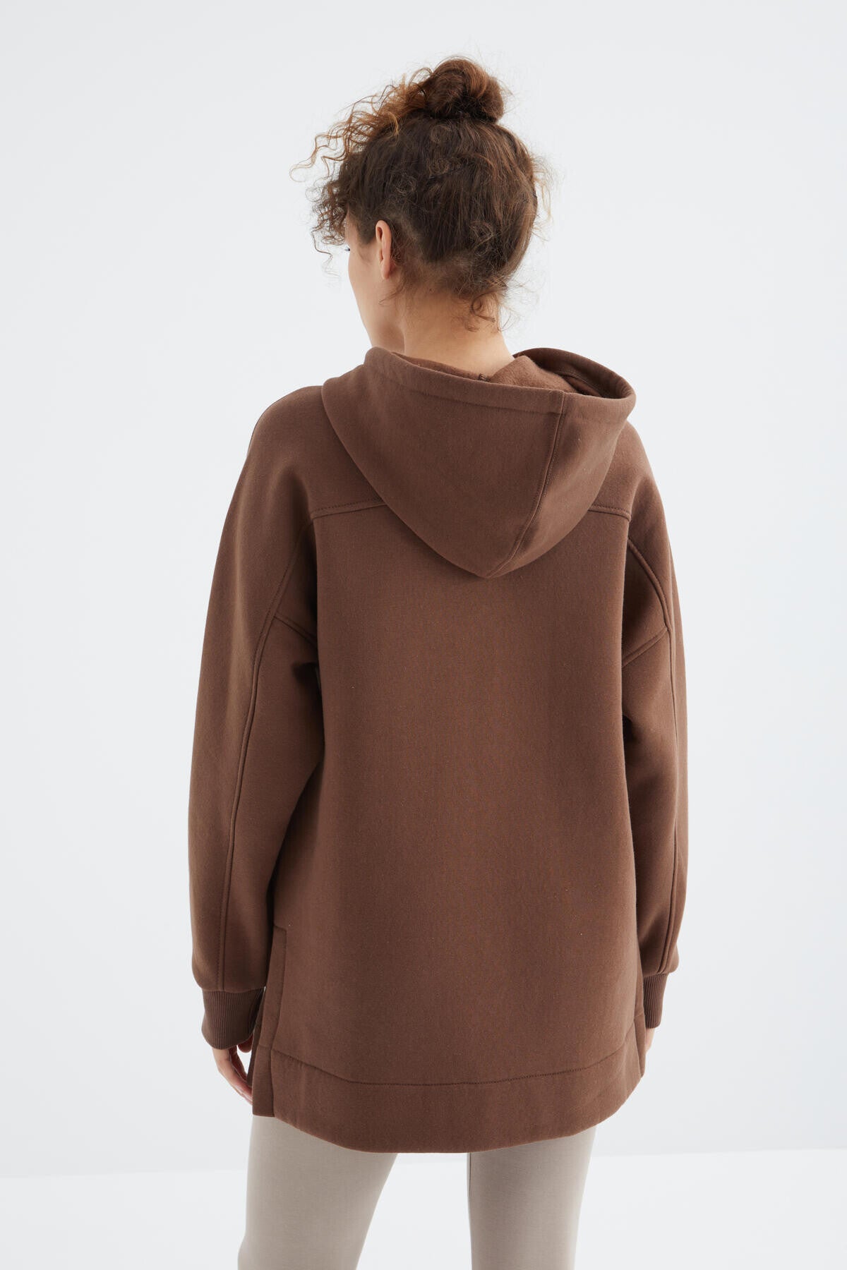 Kahverengi Reglan Kol Basic Kapüşonlu Oversize Sweatshirt Tunik - 97242