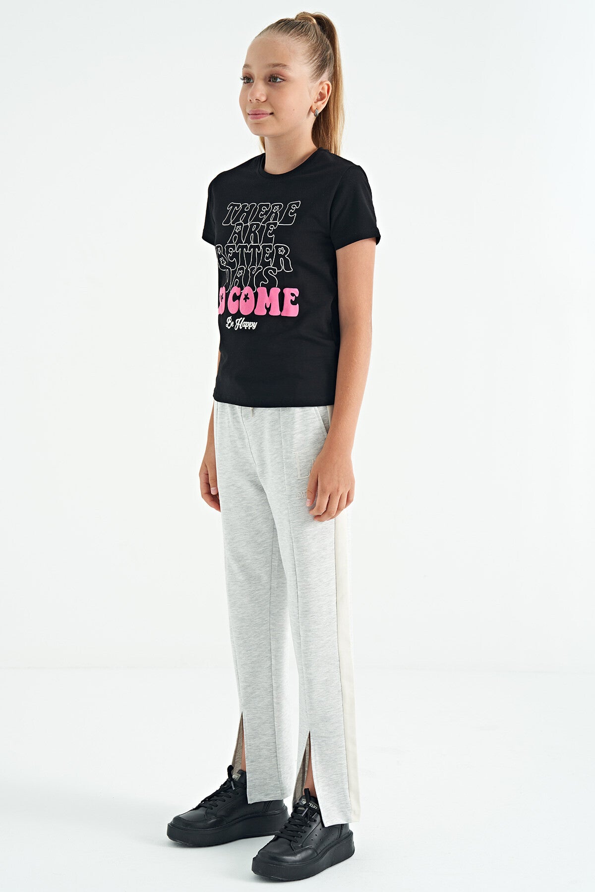 Kar Melanj Yazı Nakış Detaylı Bağcıklı Rahat Kalıp Kız Çocuk Eşofman Alt - 75121