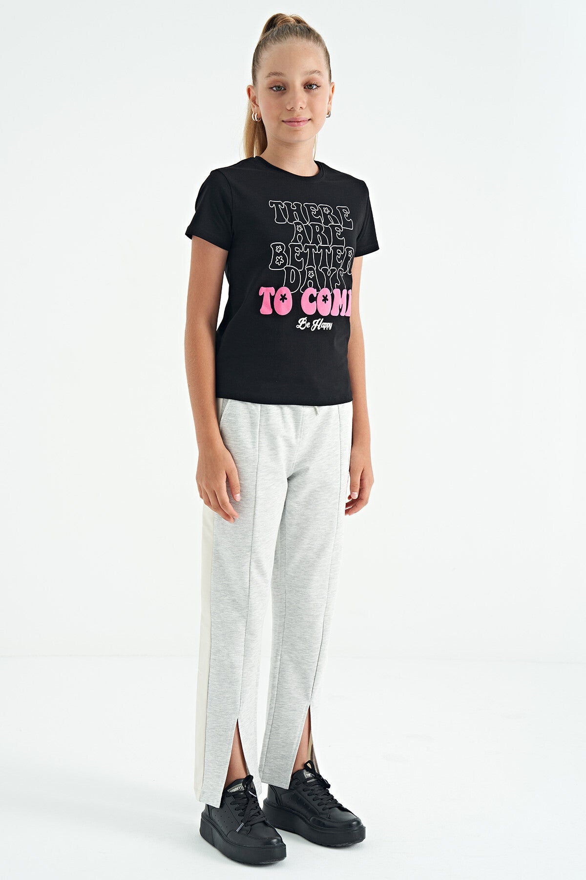 Kar Melanj Yazı Nakış Detaylı Bağcıklı Rahat Kalıp Kız Çocuk Eşofman Alt - 75121