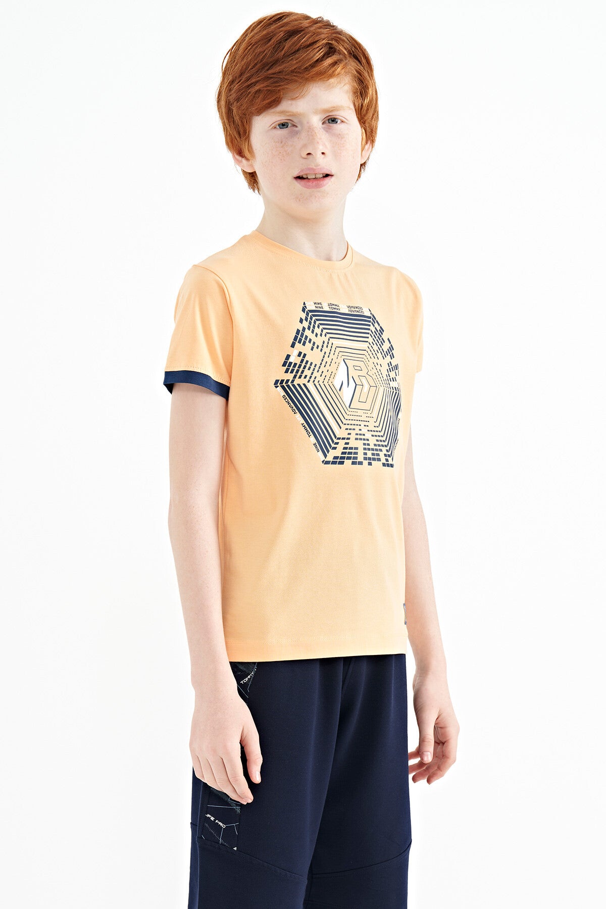 Kavun Içi Kol Ucu Renkli Detaylı Baskılı Standart Kalıp Erkek Çocuk T-Shirt - 11156