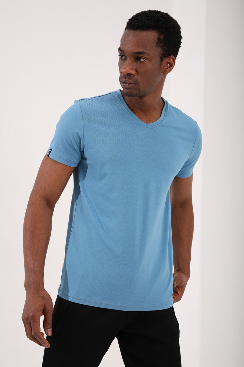 Kirli Mavi Basic Kısa Kol Standart Kalıp V Yaka Erkek T-Shirt - 87912