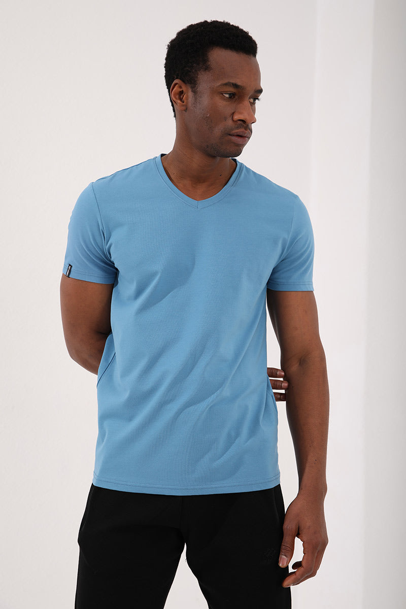 Kirli Mavi Basic Kısa Kol Standart Kalıp V Yaka Erkek T-Shirt - 87912