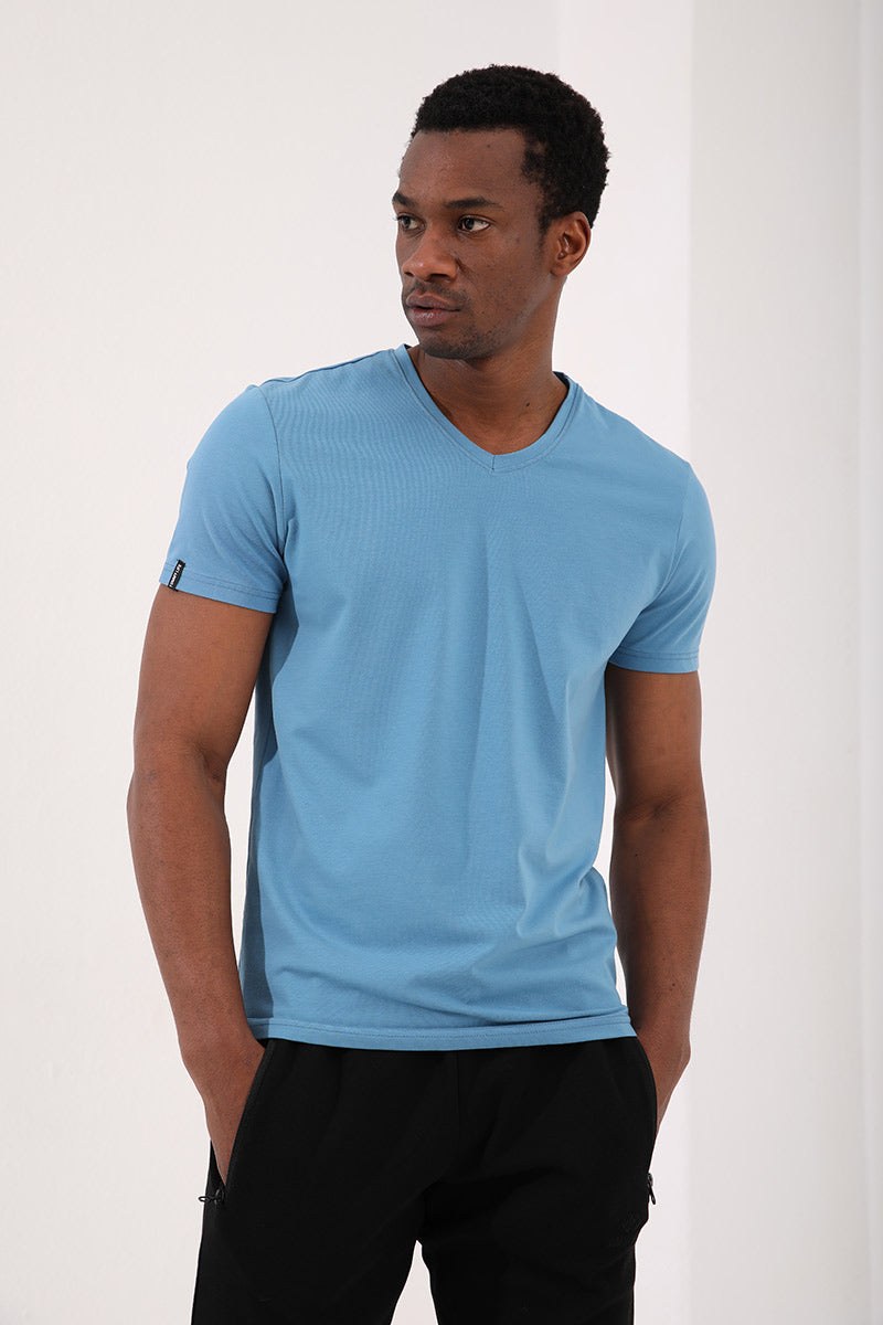Kirli Mavi Basic Kısa Kol Standart Kalıp V Yaka Erkek T-Shirt - 87912