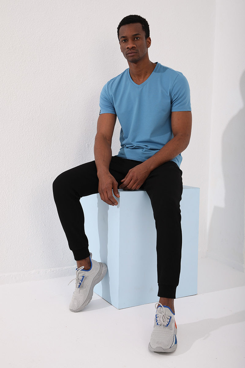 Kirli Mavi Basic Kısa Kol Standart Kalıp V Yaka Erkek T-Shirt - 87912