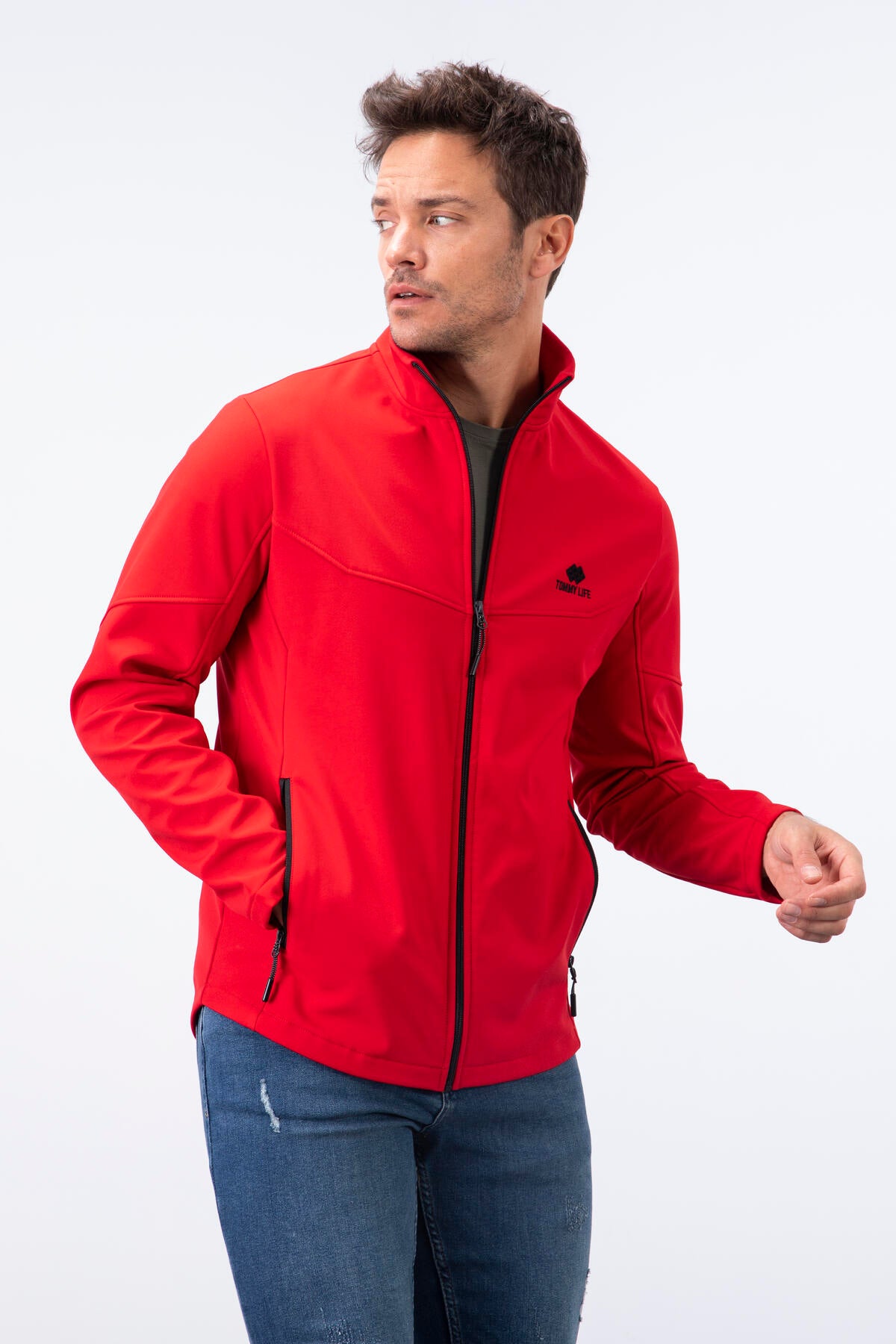 Kırmızı Fermuarlı Dik Yaka Su ve Rüzgar Geçirmez Softshell Erkek Mont - 88050