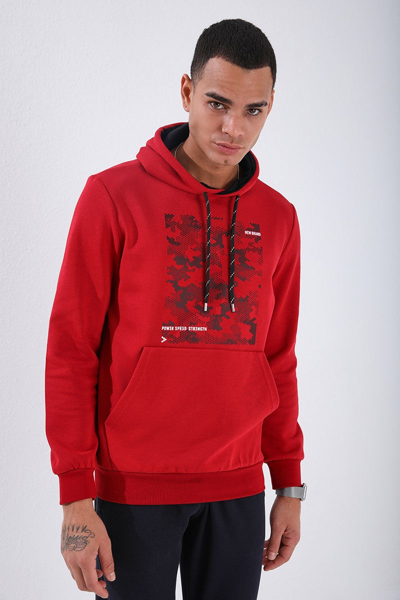 Kırmızı Kamuflaj Desen Baskılı Standart Kalıp Kapüşonlu Erkek Sweatshirt - 87884
