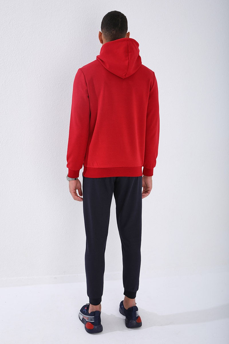 Kırmızı Kamuflaj Desen Baskılı Standart Kalıp Kapüşonlu Erkek Sweatshirt - 87884