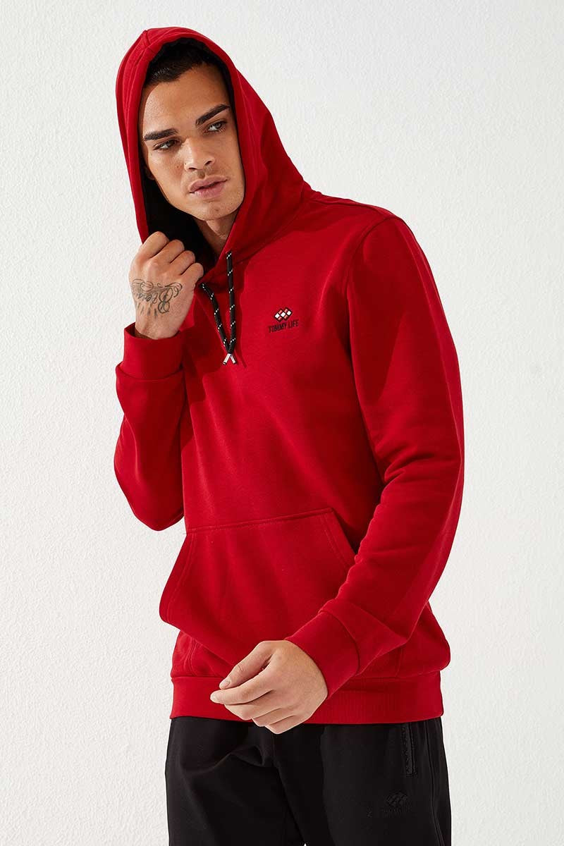 Kırmızı Kanguru Cep Standart Kalıp Kapüşonlu Erkek Sweatshirt - 87872