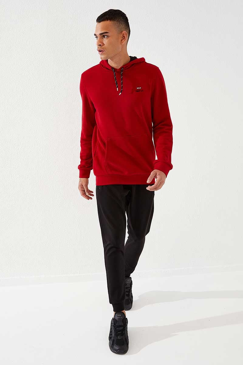 Kırmızı Kanguru Cep Standart Kalıp Kapüşonlu Erkek Sweatshirt - 87872