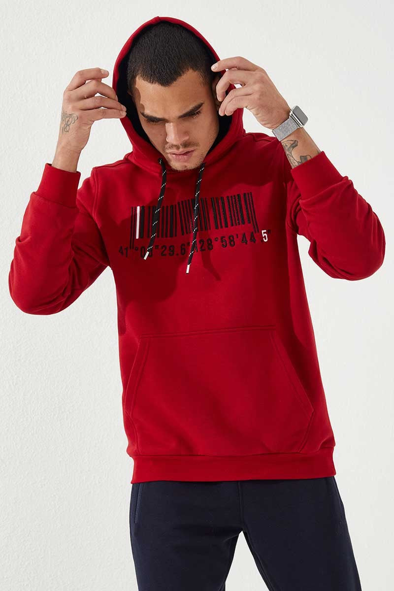 Kırmızı Nakışlı Kanguru Cep Standart Kalıp Kapüşonlu Erkek Sweatshirt - 87839