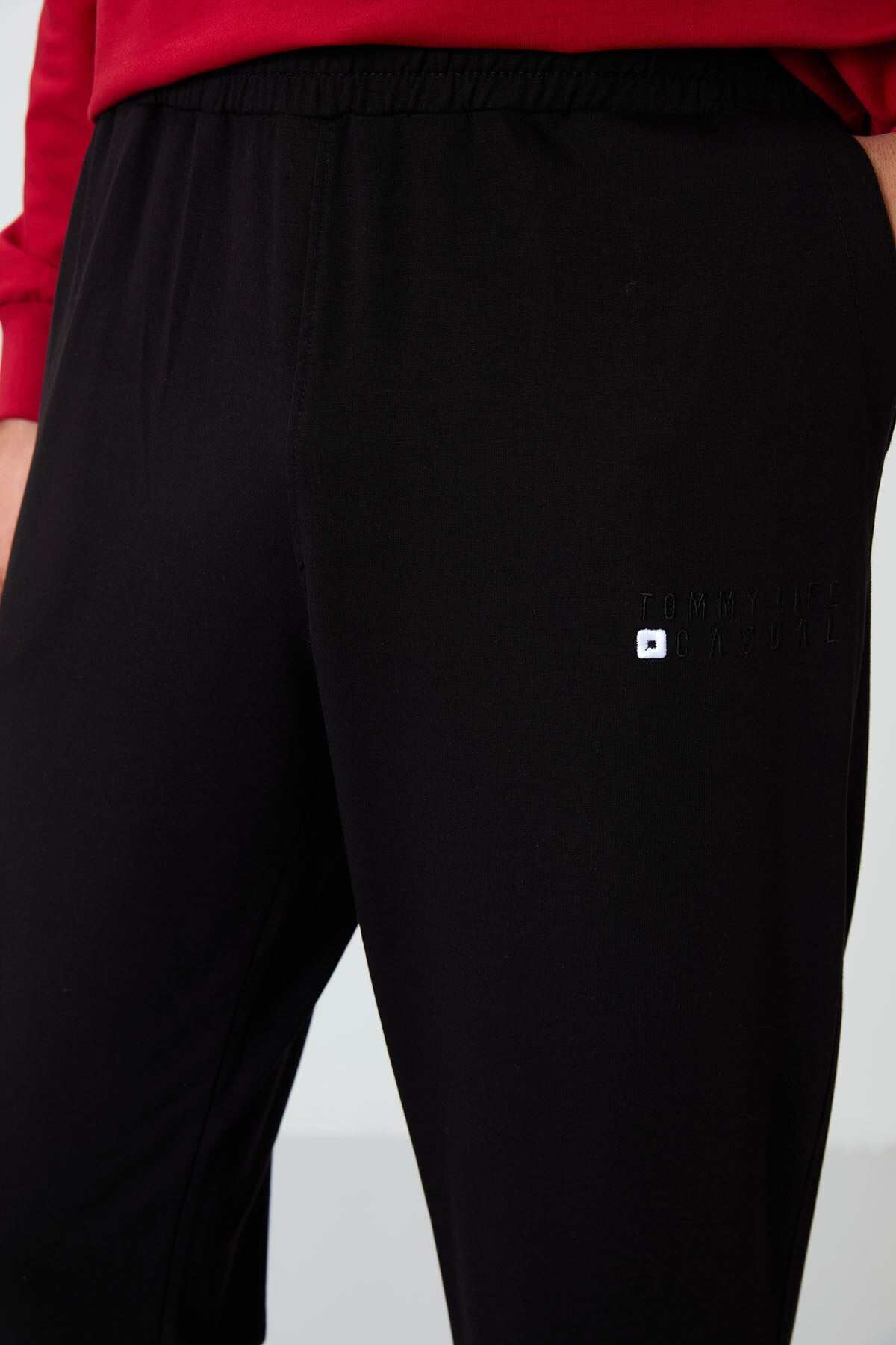 Kırmızı - Siyah Casual O Yaka Lastik Paça Pamuklu Erkek Oversize Eşofman Takımı - 85120