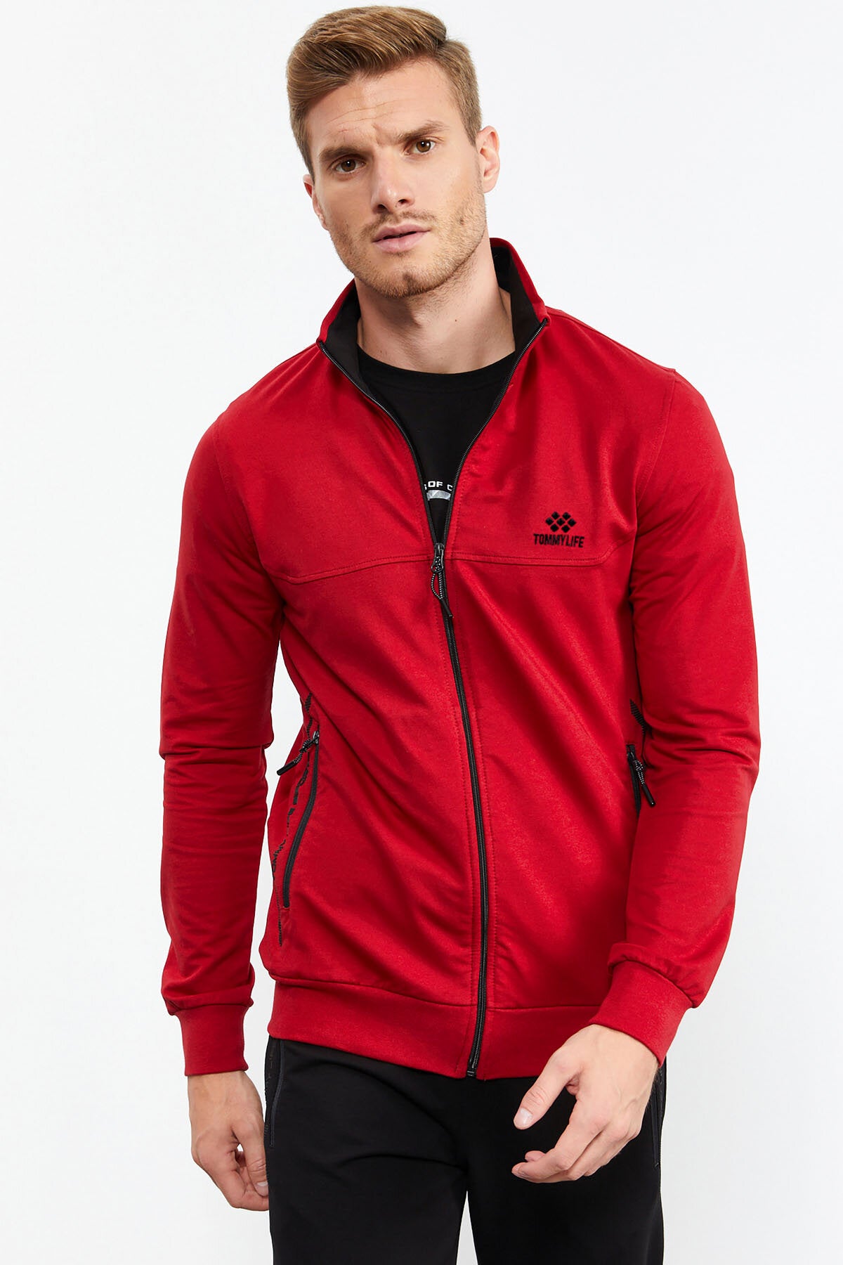 Kırmızı - Siyah Dik Yaka Fermuarlı Standart Kalıp Klasik Paça Erkek Eşofman Takımı - 85152