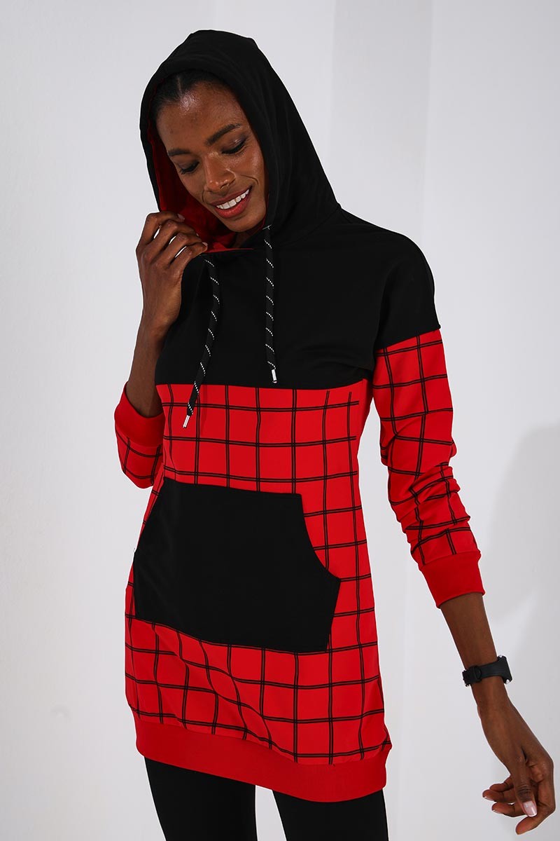Kırmızı - Siyah Kapüşonlu Kare Desenli Rahat Form Jogger Kadın Eşofman Tunik Takım - 03460