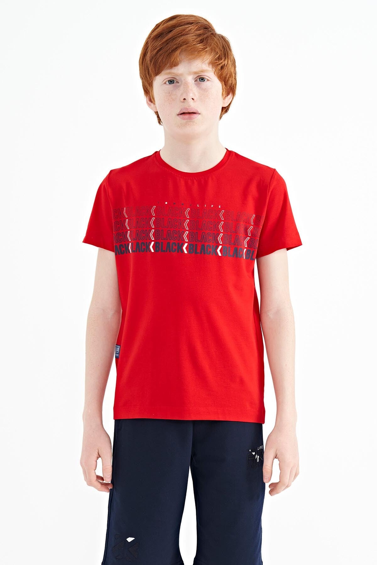 Kırmızı Yazı Baskılı O Yaka Standart Kalıp Erkek Çocuk T-Shirt - 11149