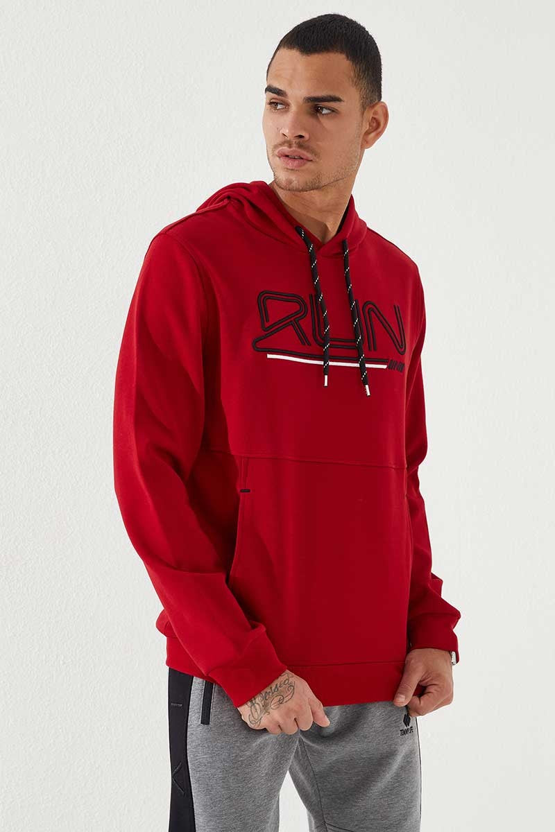 Kırmızı Yazı Nakışlı Standart Kalıp Kapüşonlu Erkek Sweatshirt - 87887