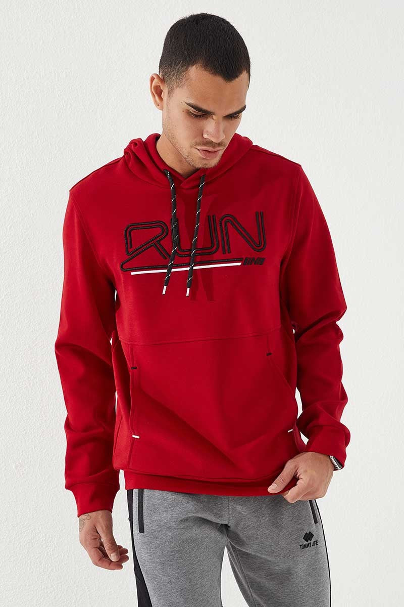 Kırmızı Yazı Nakışlı Standart Kalıp Kapüşonlu Erkek Sweatshirt - 87887