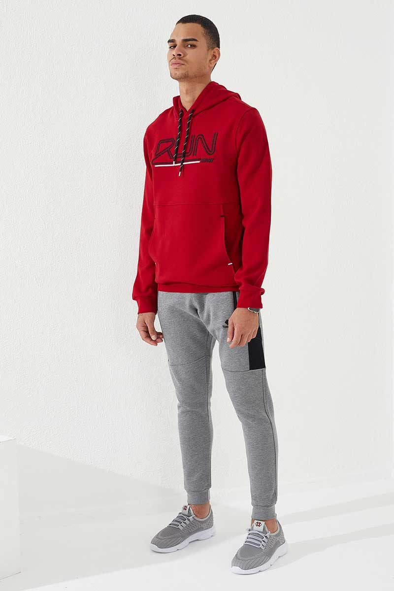 Kırmızı Yazı Nakışlı Standart Kalıp Kapüşonlu Erkek Sweatshirt - 87887