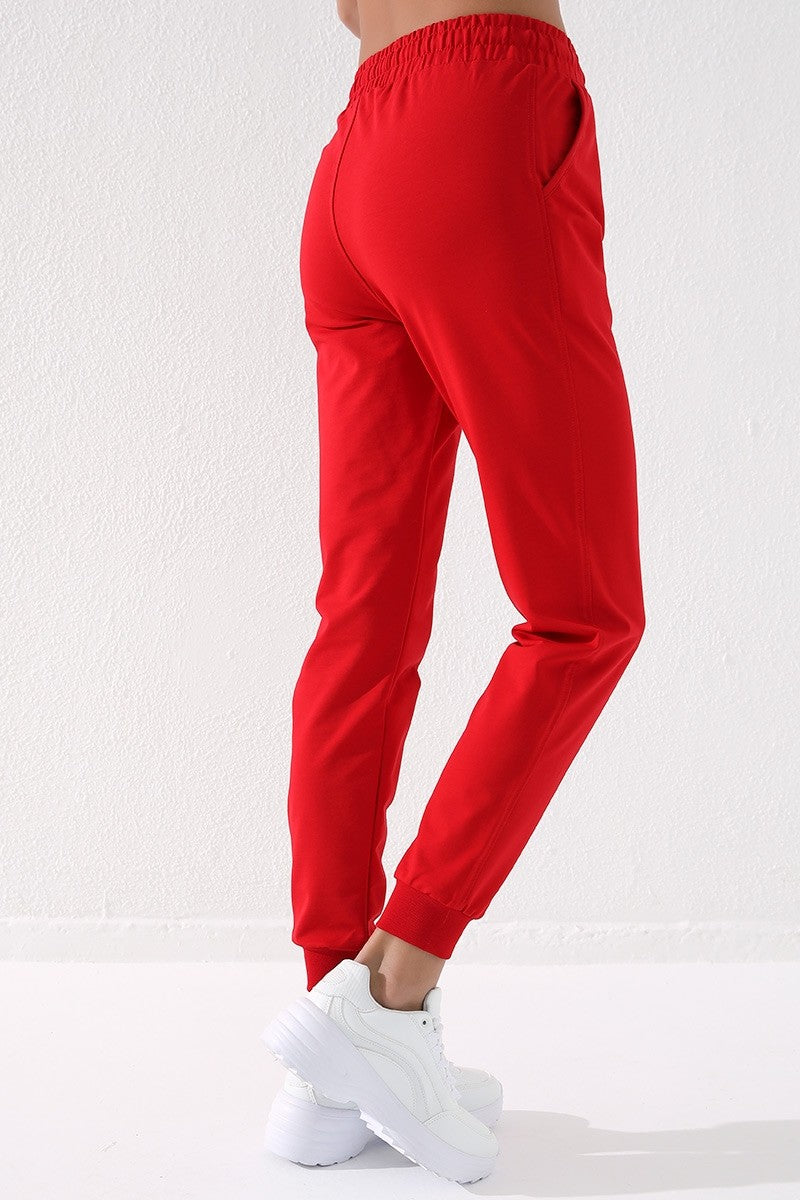 Kırmızı Yüksek Bel Jogger Rahat Form Manşetli Kadın Eşofman Alt - 94561