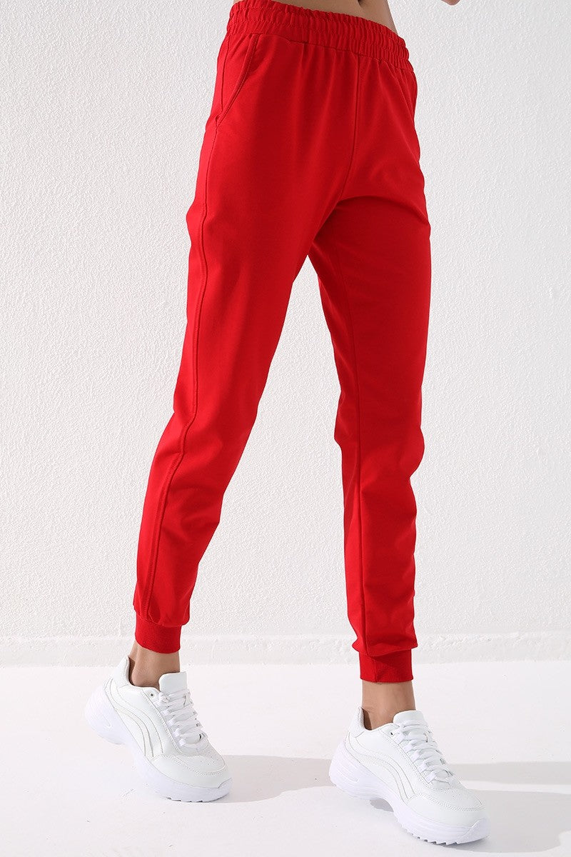 Kırmızı Yüksek Bel Jogger Rahat Form Manşetli Kadın Eşofman Alt - 94561